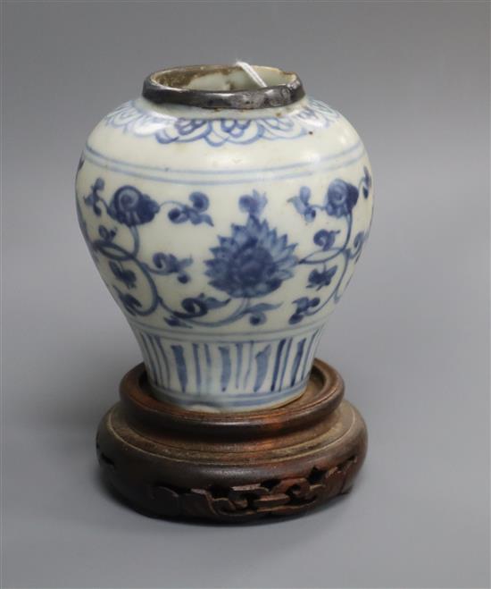 A Chinese late Ming blue and white small meiping, later silver mounted rim overall height 12cm